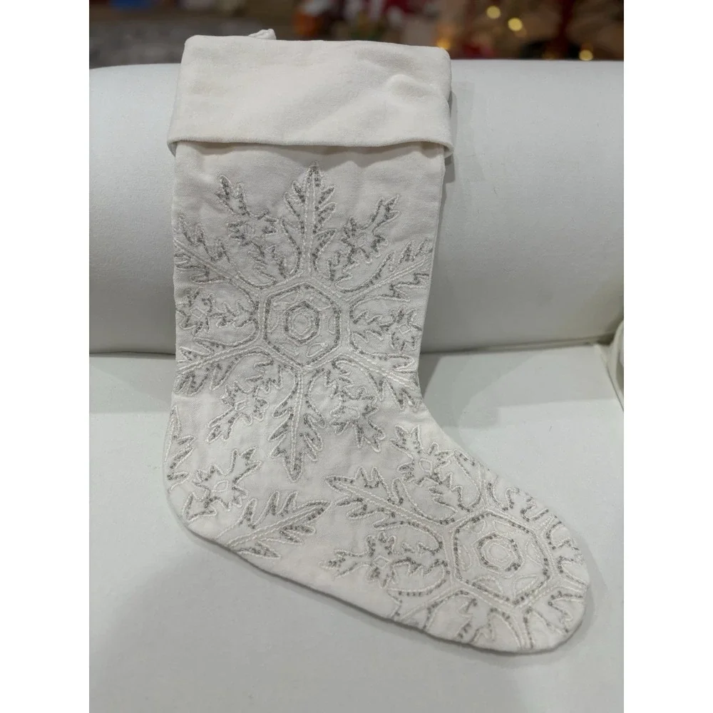 Pottery Barn White Snowflake Christmas Stocking Embroidered Silver
